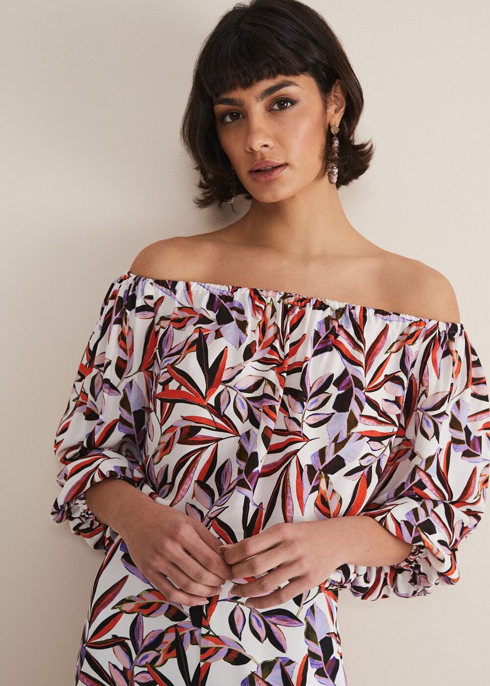 Tona Leaf Print Bardot Top - Multi-Coloured