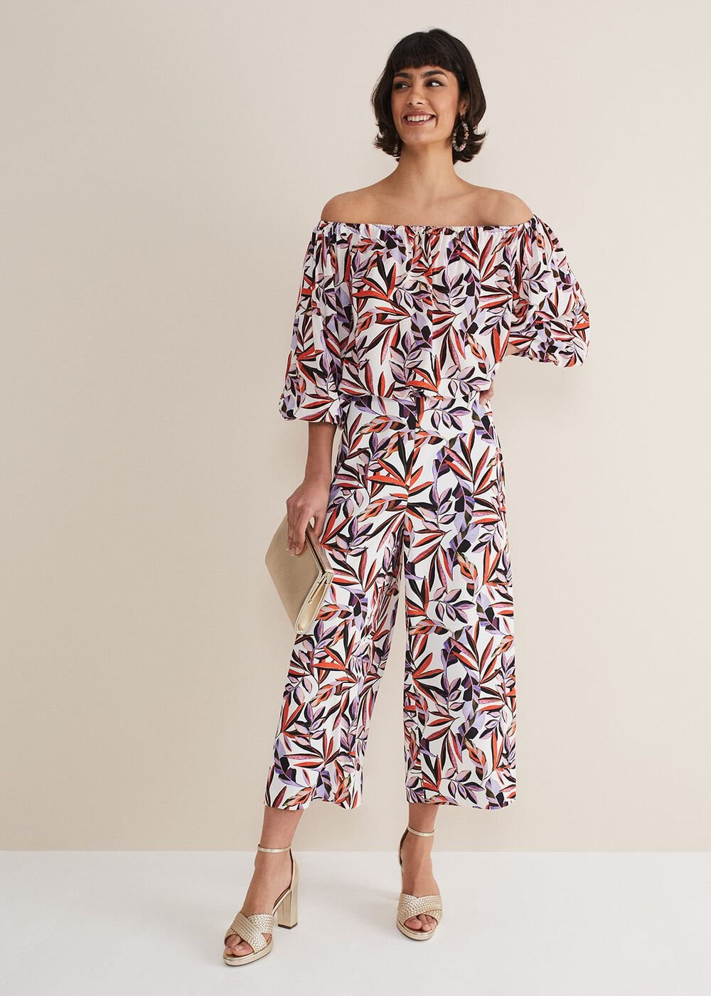 Tona Leaf Print Bardot Top - Multi-Coloured