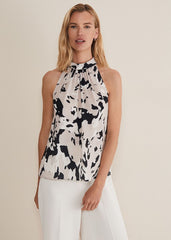 Sejal Printed Halter Neck Top - Black/Putty