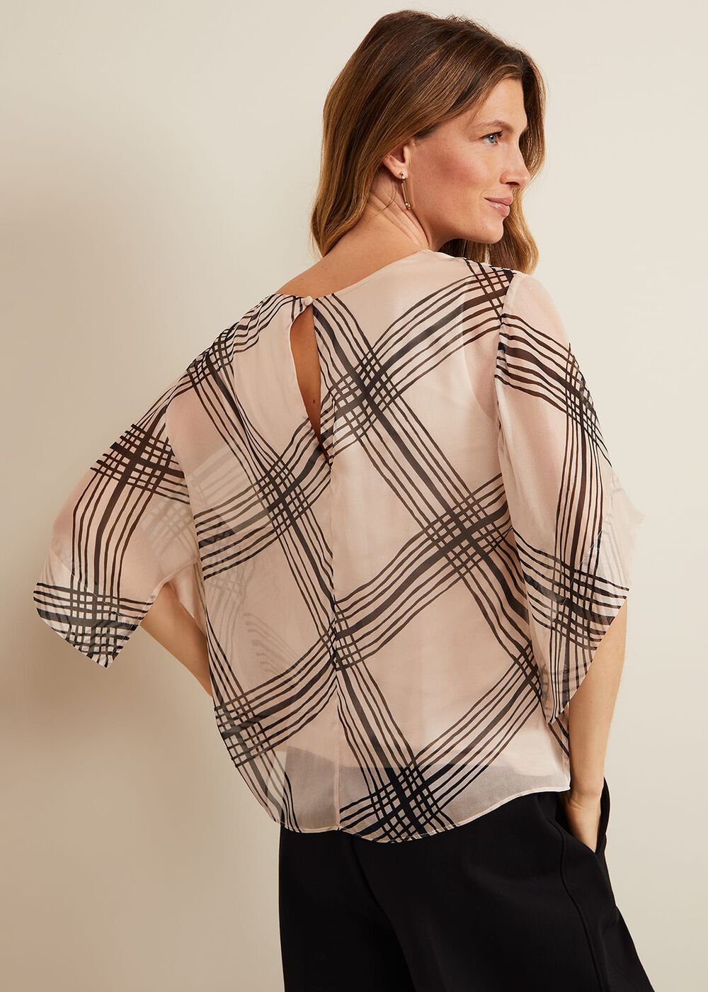 Aleena Check Silk Print Top - Cream