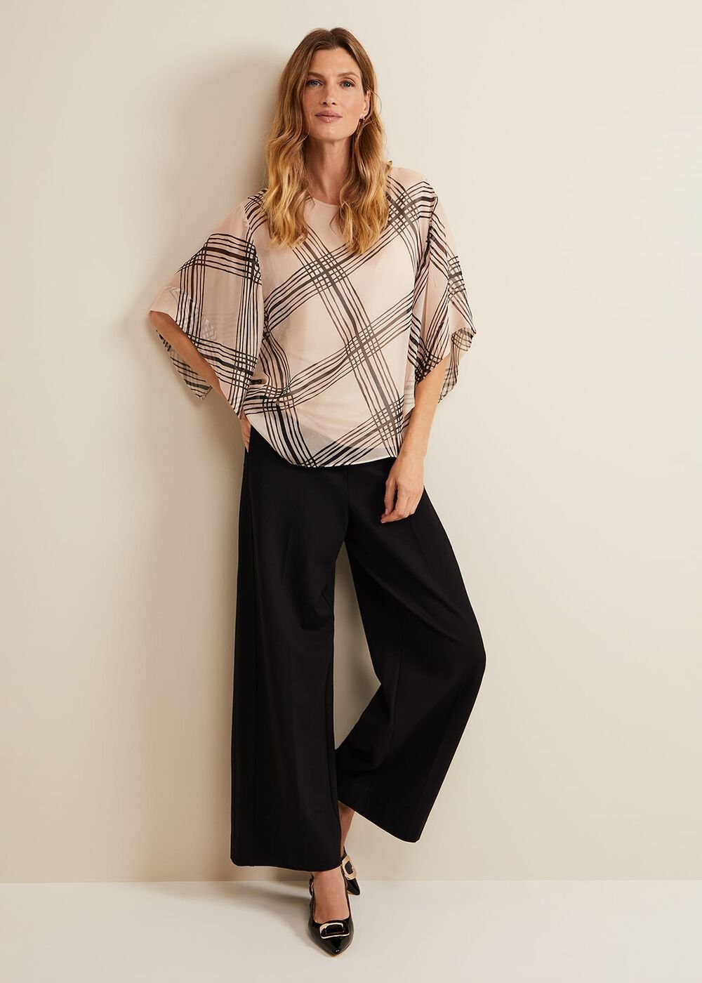 Aleena Check Silk Print Top - Cream