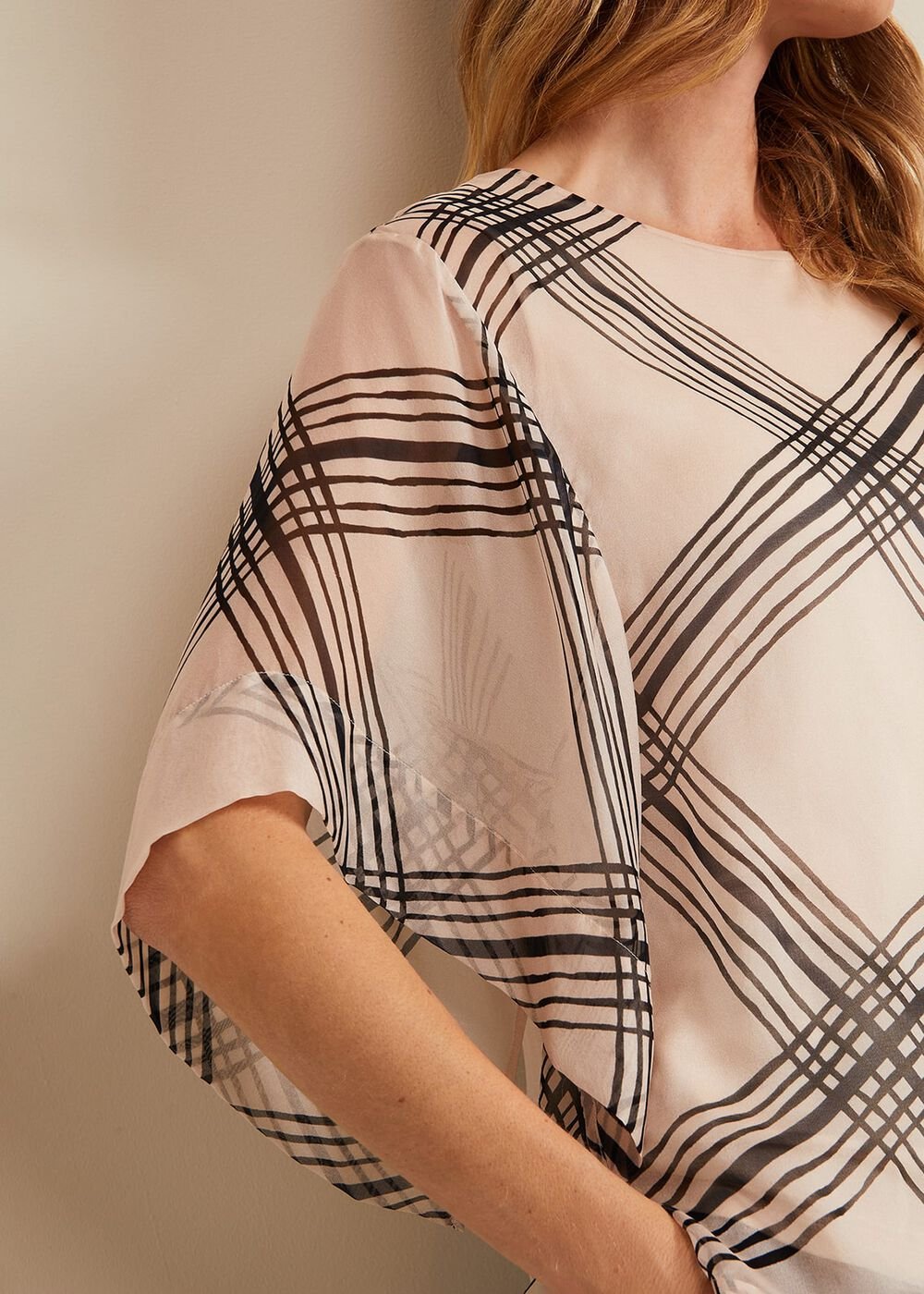 Aleena Check Silk Print Top - Cream