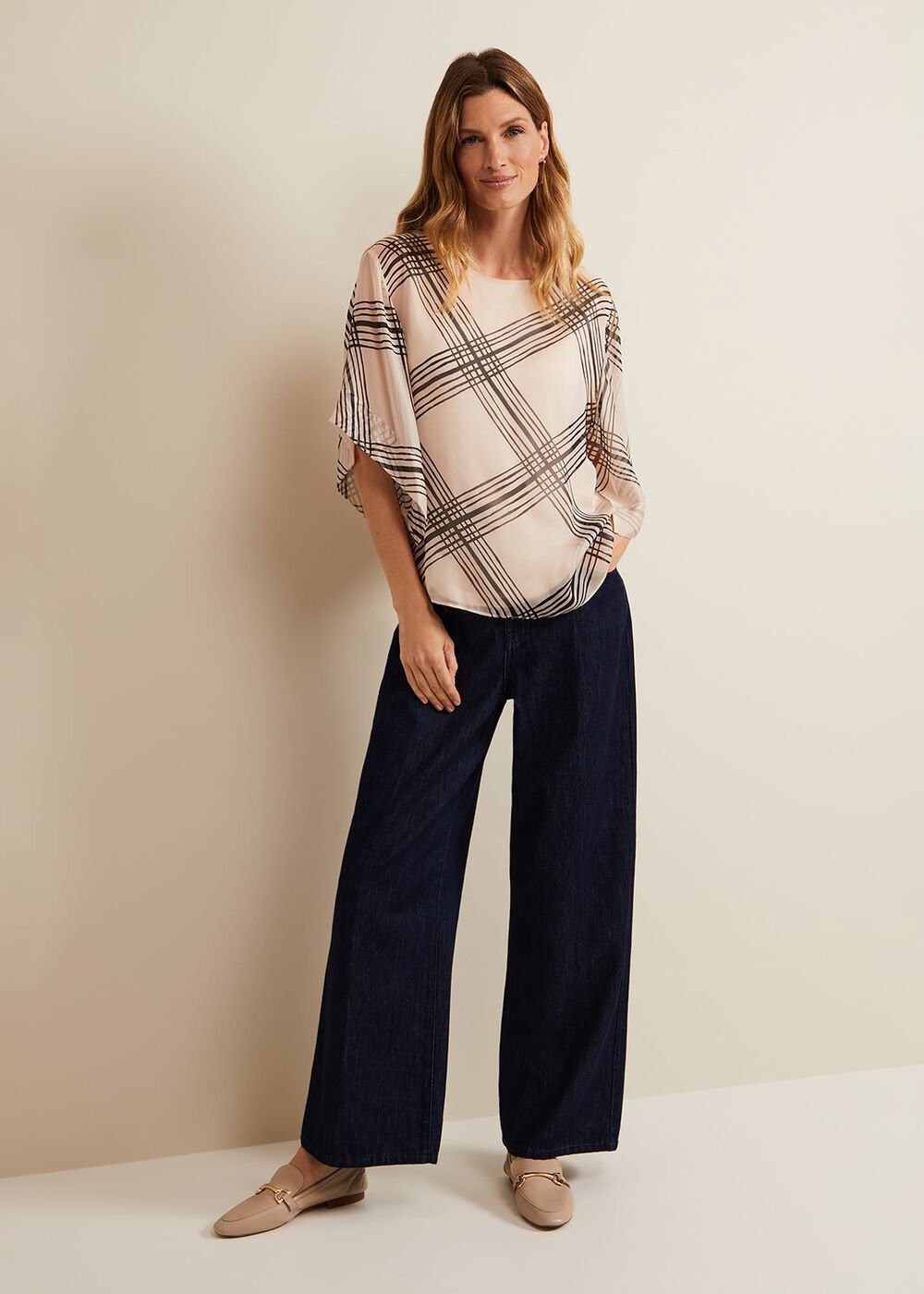 Aleena Check Silk Print Top - Cream
