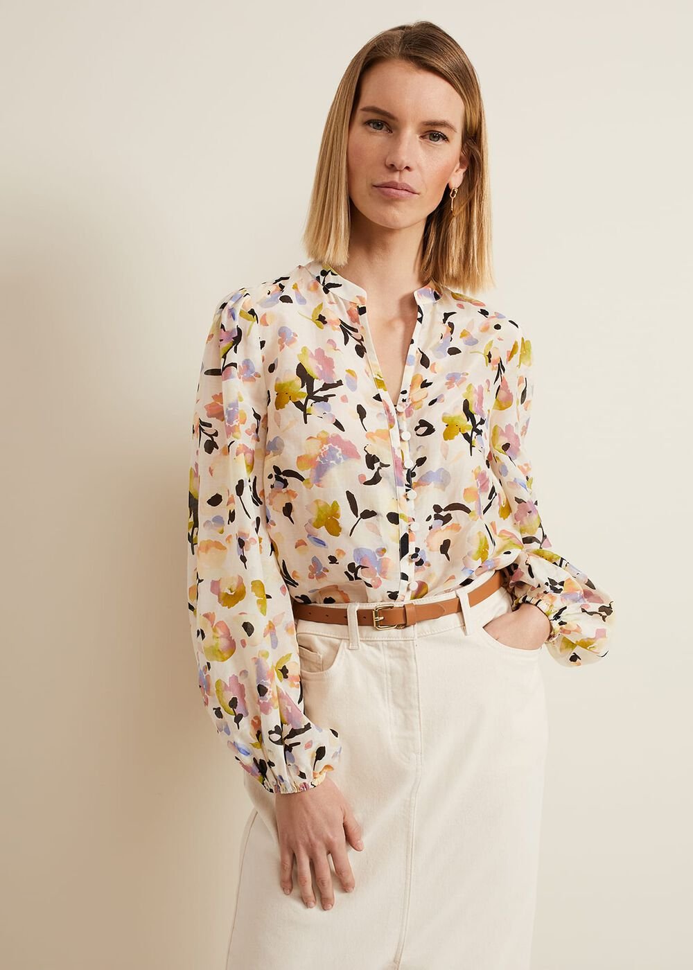 Maddie Watercolour Silk Blend Blouse - Ivory