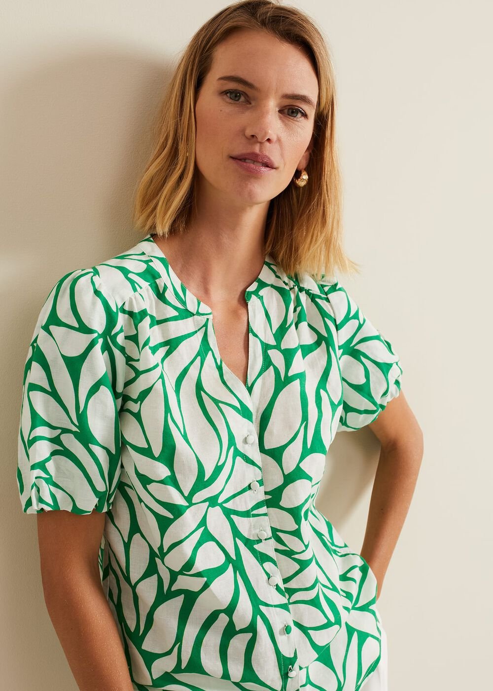 Louanna Linen Printed Shirt - Green/Ivory