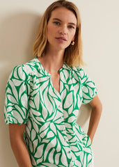 Louanna Linen Printed Shirt - Green/Ivory