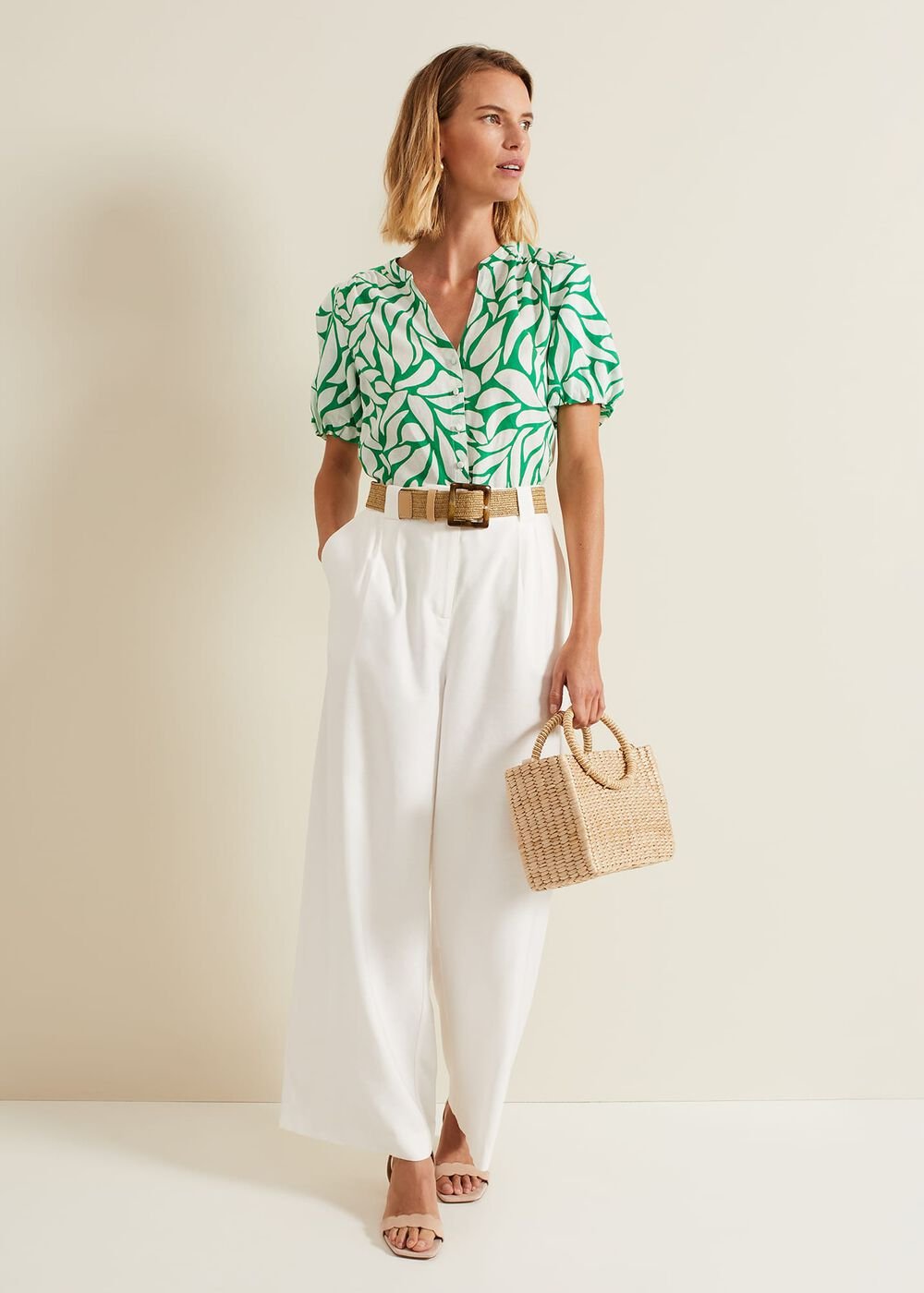 Louanna Linen Printed Shirt - Green/Ivory