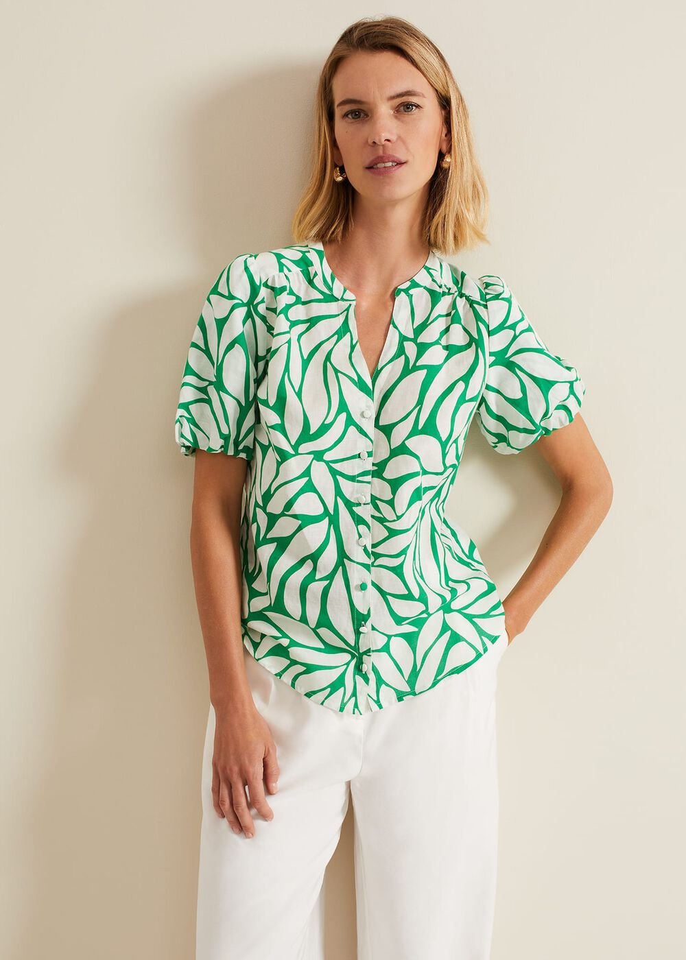 Louanna Linen Printed Shirt - Green/Ivory