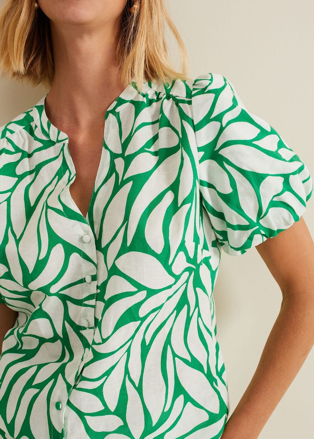 Louanna Linen Printed Shirt - Green/Ivory