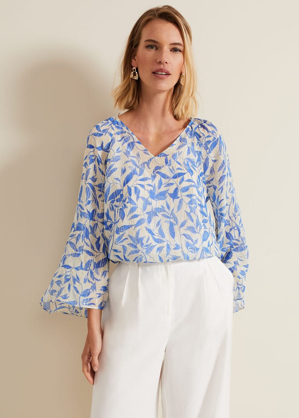 Simi Leaf Print Filcoupe Blouse - Blue