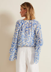 Simi Leaf Print Filcoupe Blouse - Blue