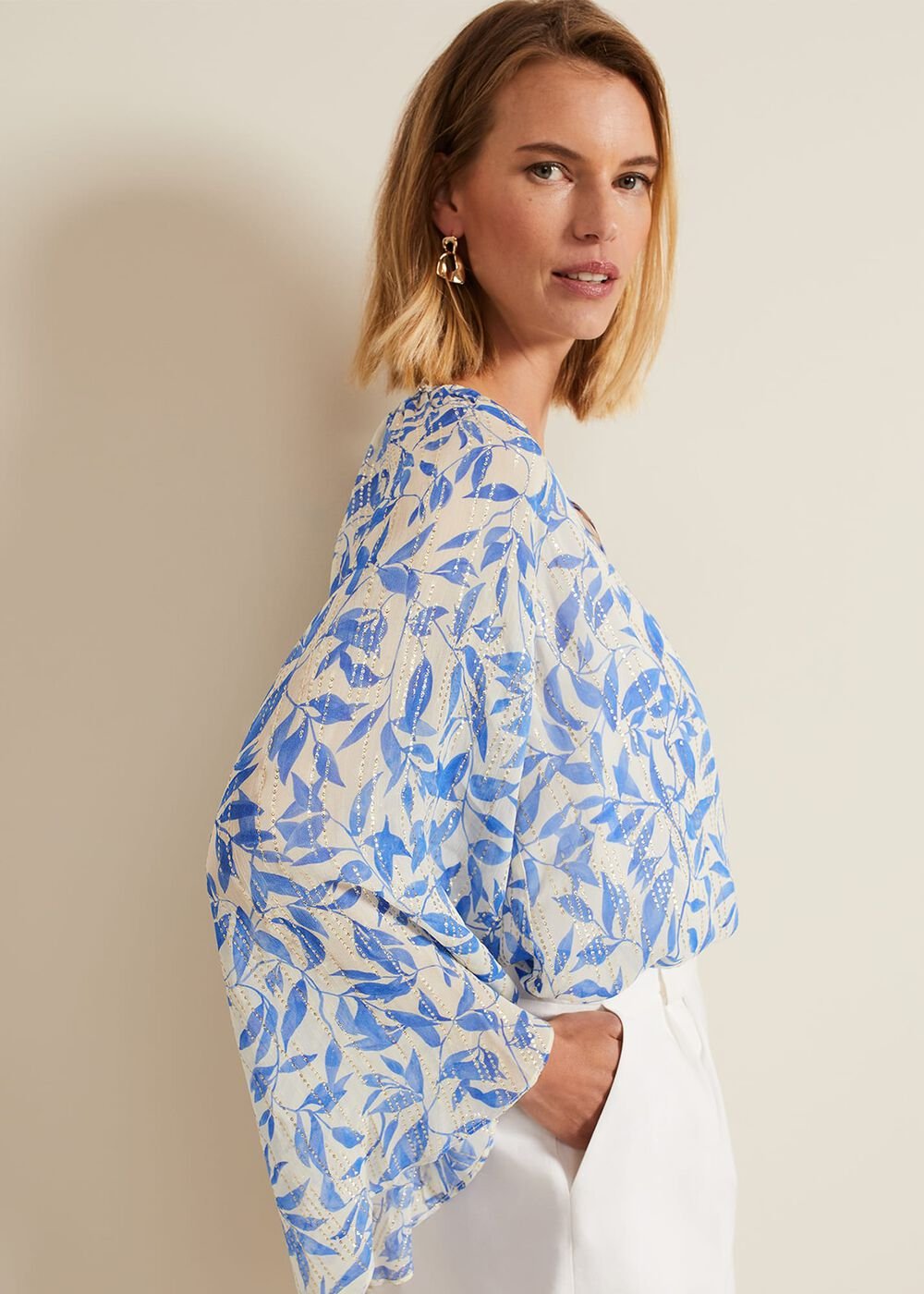 Simi Leaf Print Filcoupe Blouse - Blue