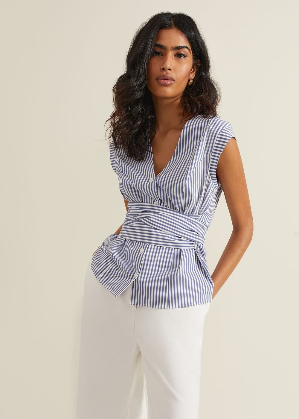 Sadie Striped Tie Waist Shirt - Blue