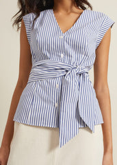 Sadie Striped Tie Waist Shirt - Blue