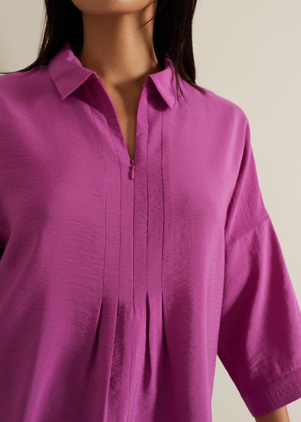 Cynthia Pleat Zip Front Shirt - Pink
