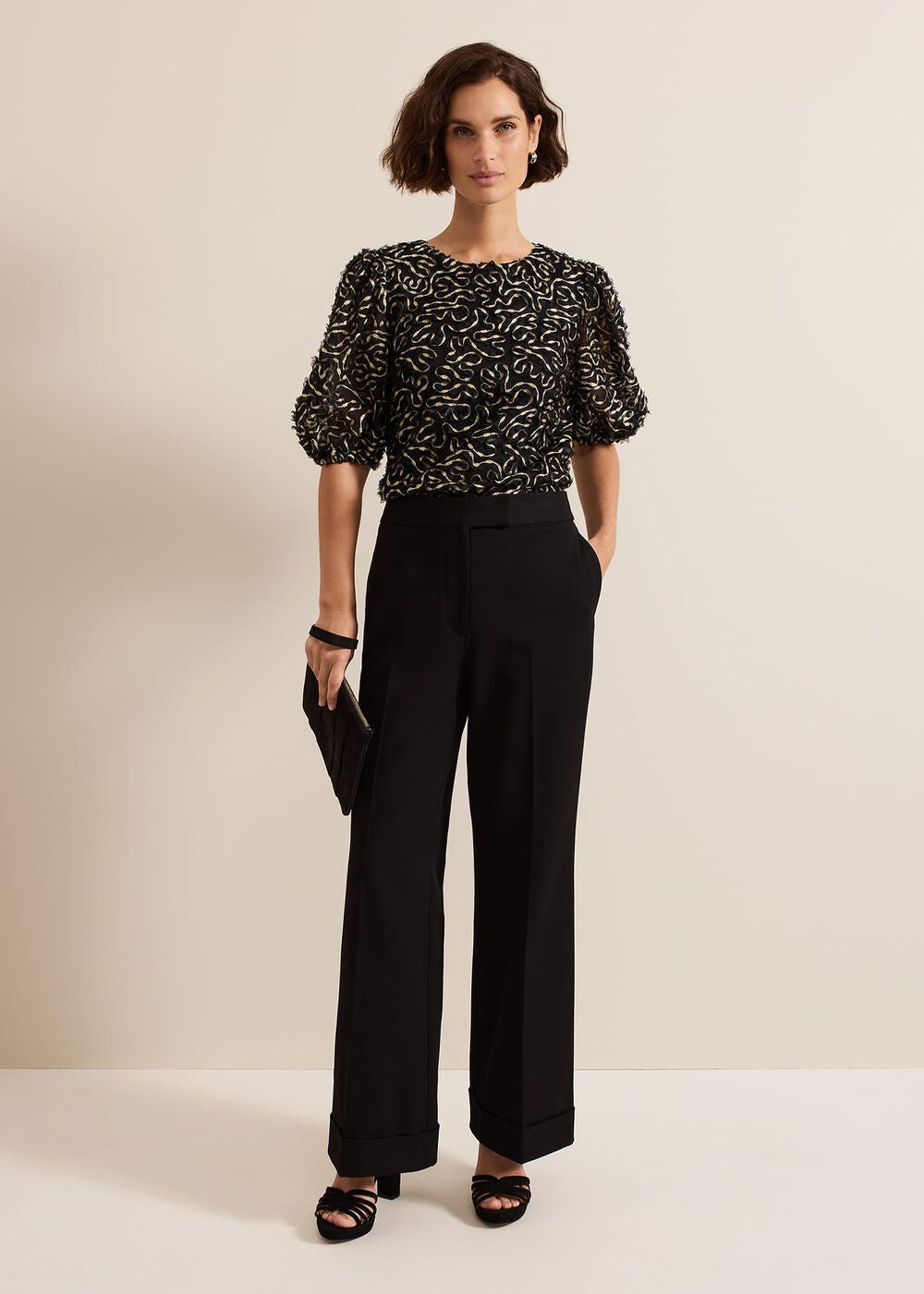 Ariella Textured Blouson Sleeve Top - Black