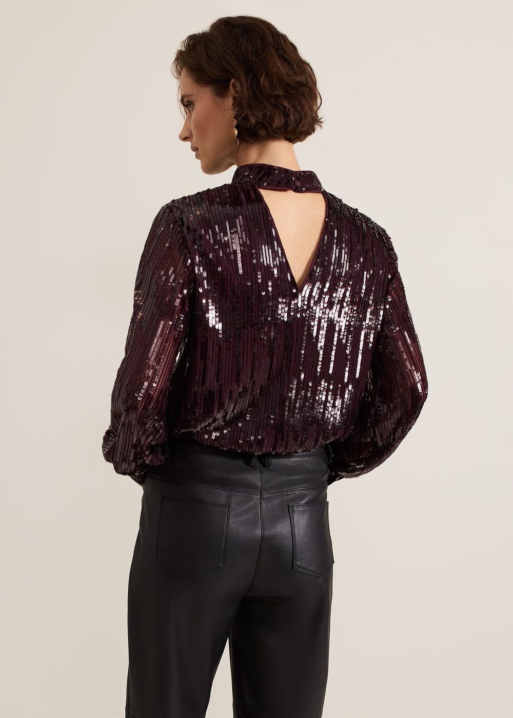 Hannah High Neck Sequin Top - Burgundy