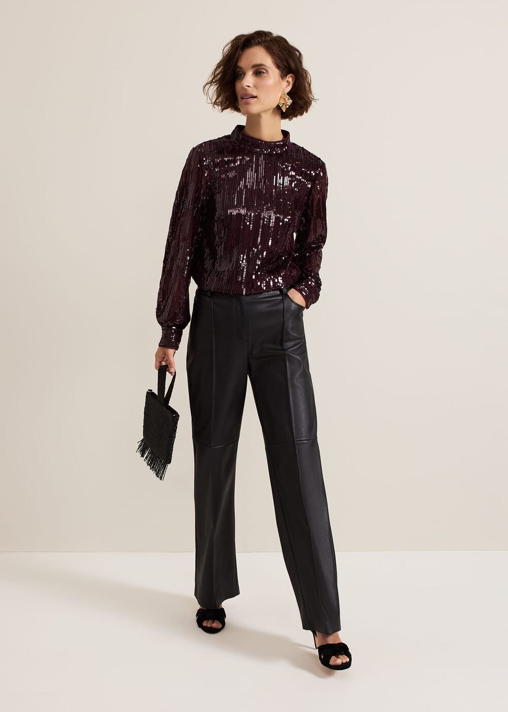 Hannah High Neck Sequin Top - Burgundy