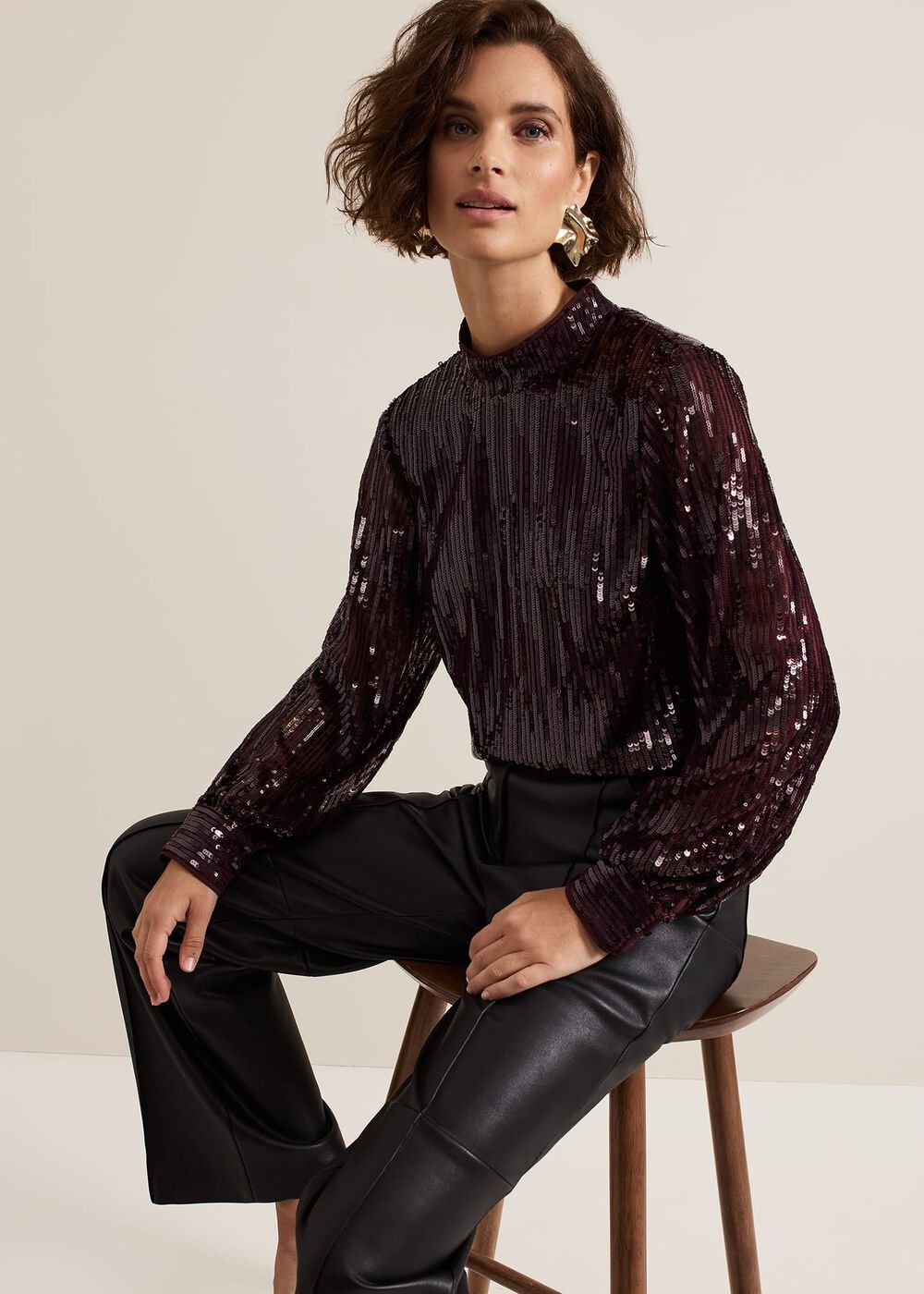 Hannah High Neck Sequin Top - Burgundy
