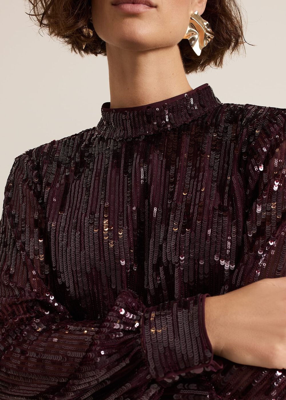 Hannah High Neck Sequin Top - Burgundy