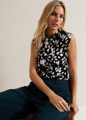 Polly Printed Twist Neck Top - Black/Ivory