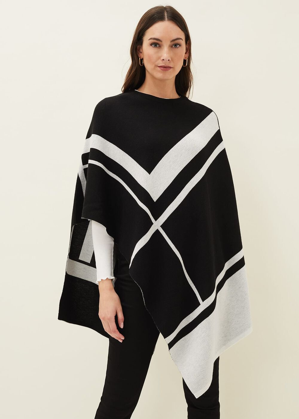 Nel Abstract Print Asymmetric Cape - Black/Ivory