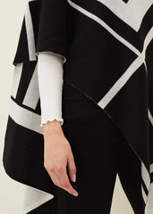Nel Abstract Print Asymmetric Cape - Black/Ivory