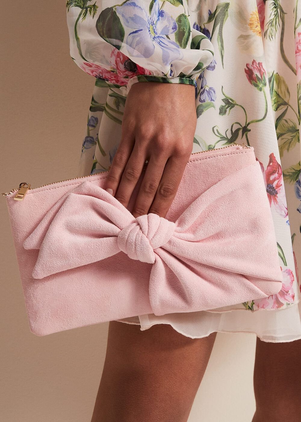 Pink Suede Bow Clutch Bag - Pink