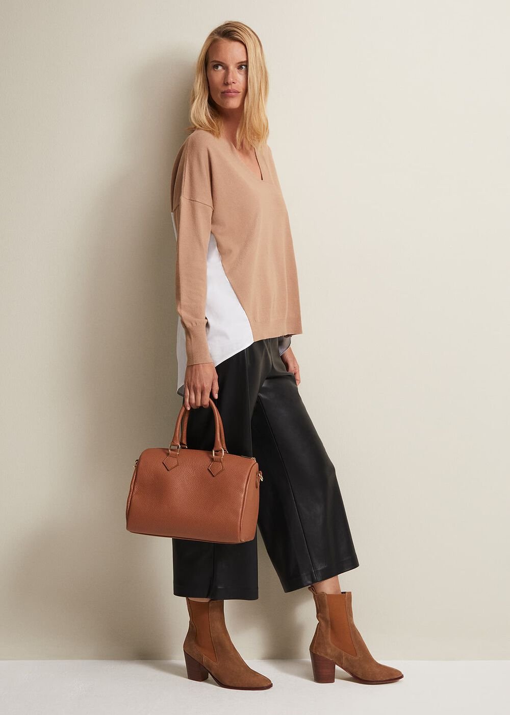 Brown Leather Bowling Bag - Camel