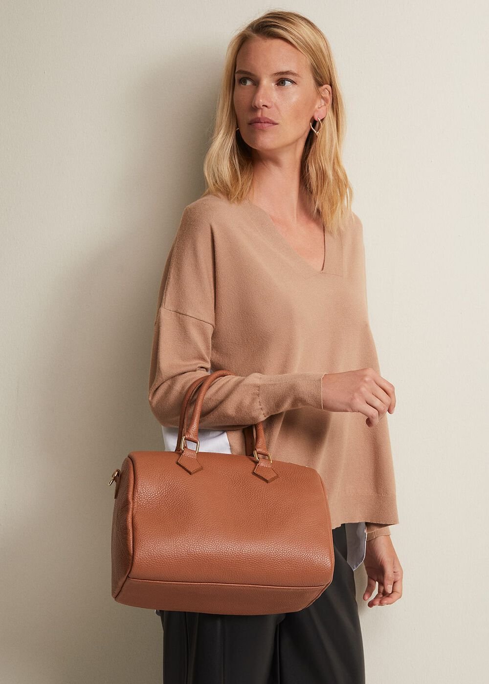 Brown Leather Bowling Bag - Camel