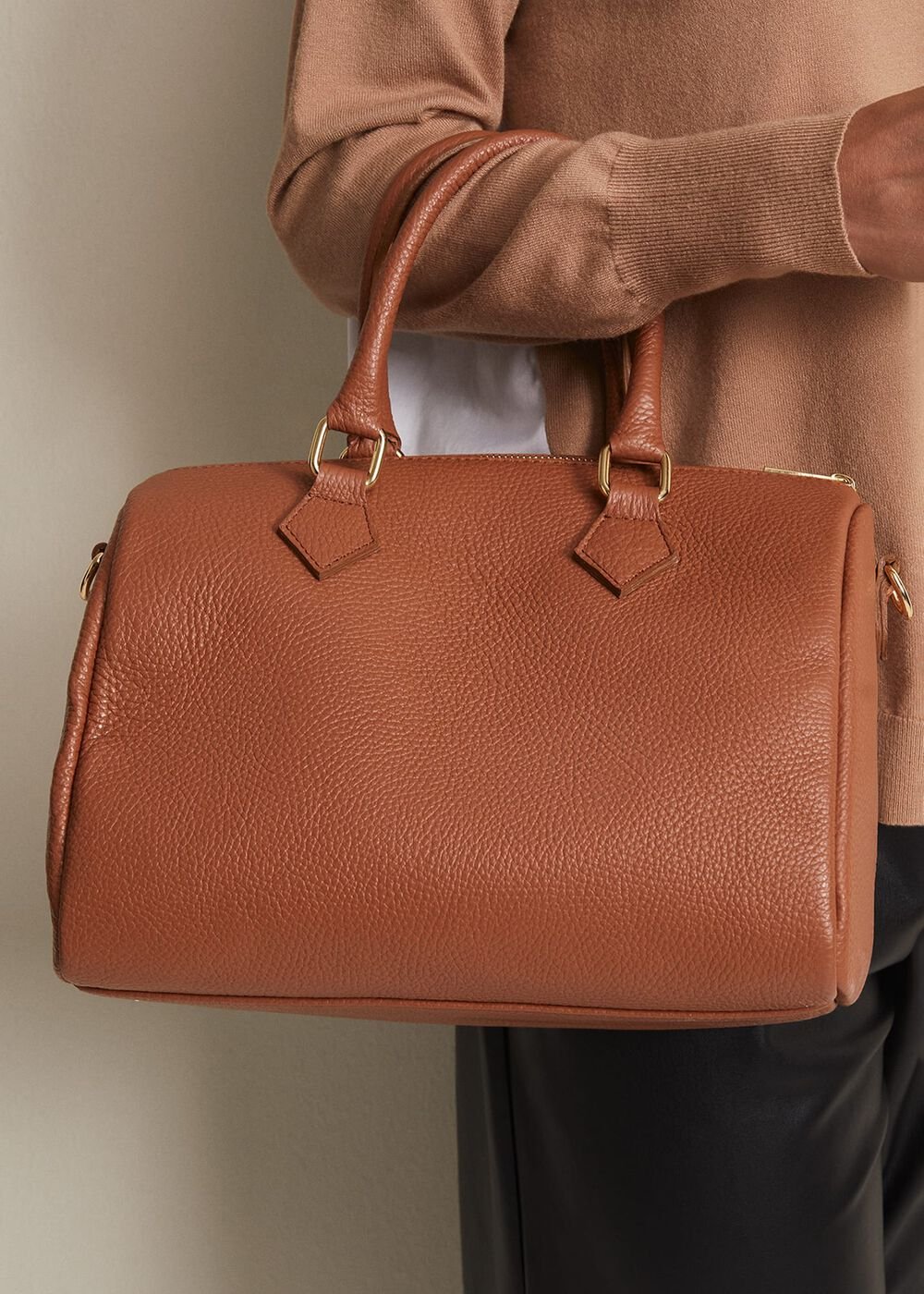 Brown Leather Bowling Bag - Camel