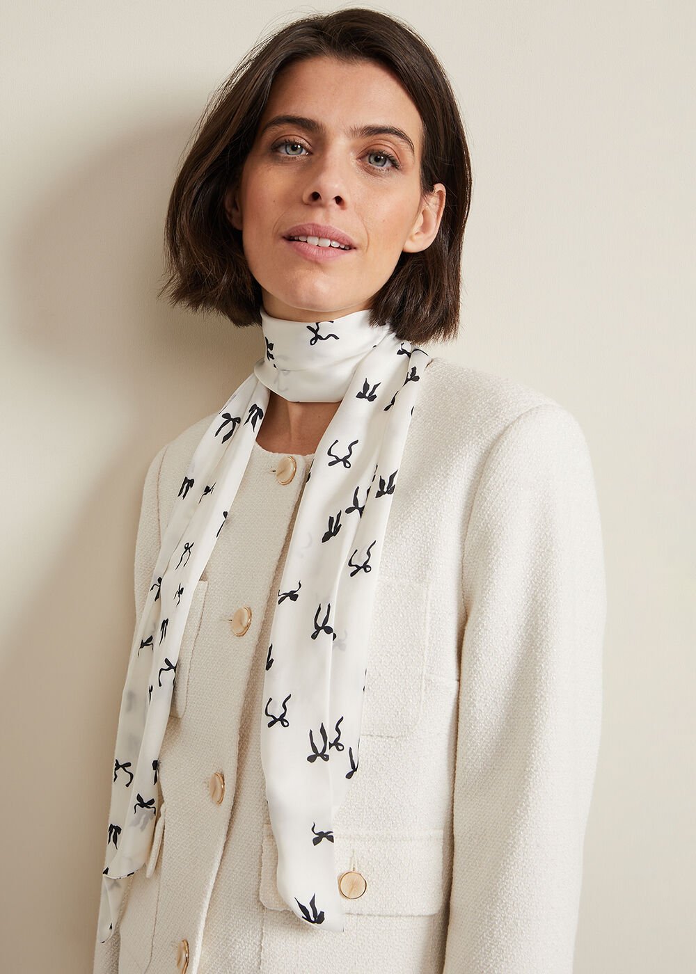 Bow Print Skinny Scarf - Black/Ivory