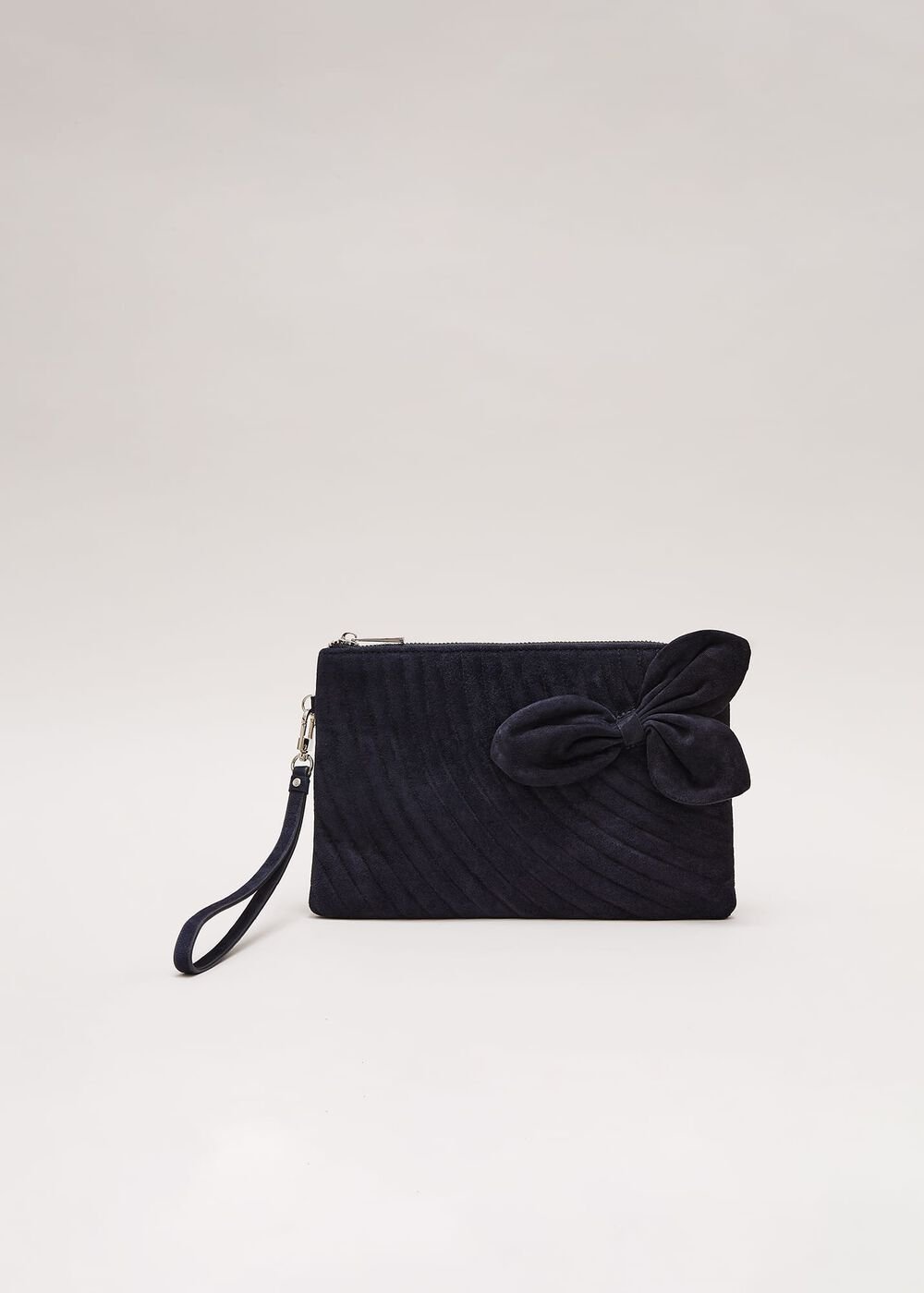 Suede Structured Bow Clutch Bag - Navy