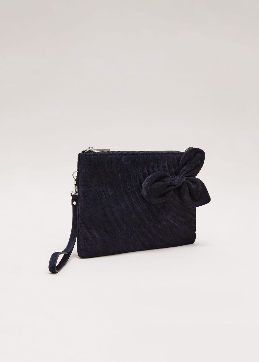 Suede Structured Bow Clutch Bag - Navy