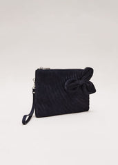 Suede Structured Bow Clutch Bag - Navy