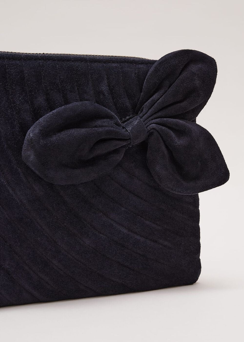 Suede Structured Bow Clutch Bag - Navy