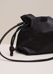 Black Leather Drawstring Soft Pouch Bag - Black