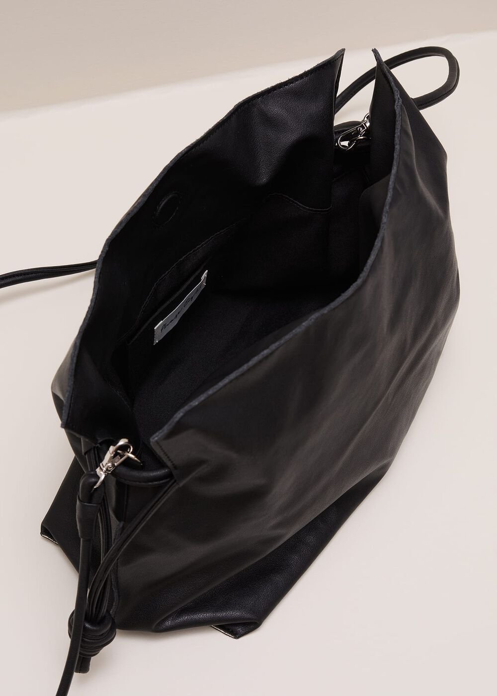Black Leather Drawstring Soft Pouch Bag - Black