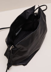 Black Leather Drawstring Soft Pouch Bag - Black