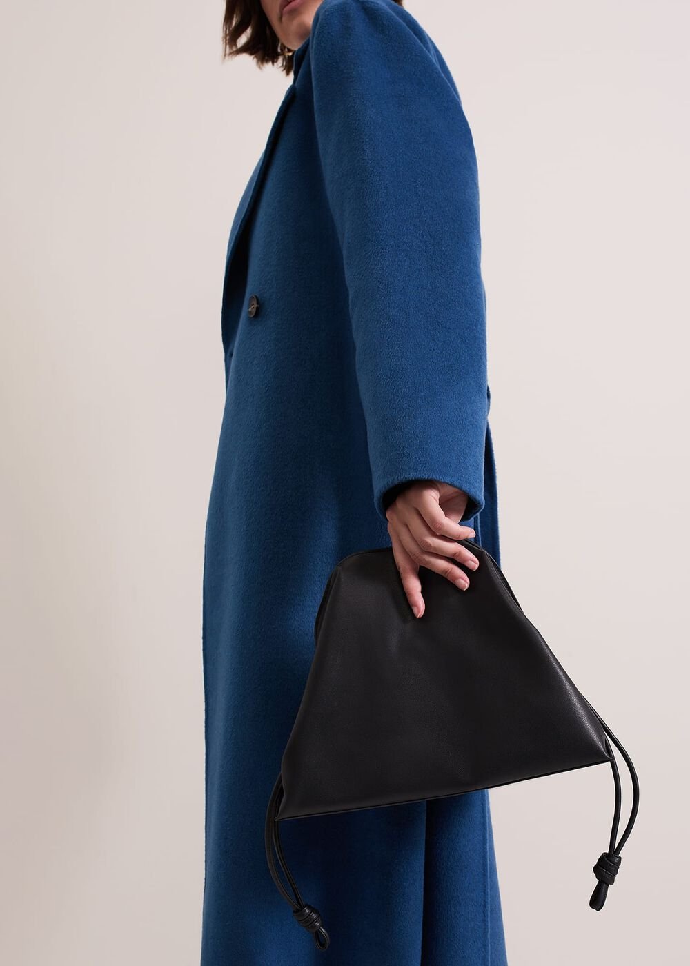 Black Leather Drawstring Soft Pouch Bag - Black