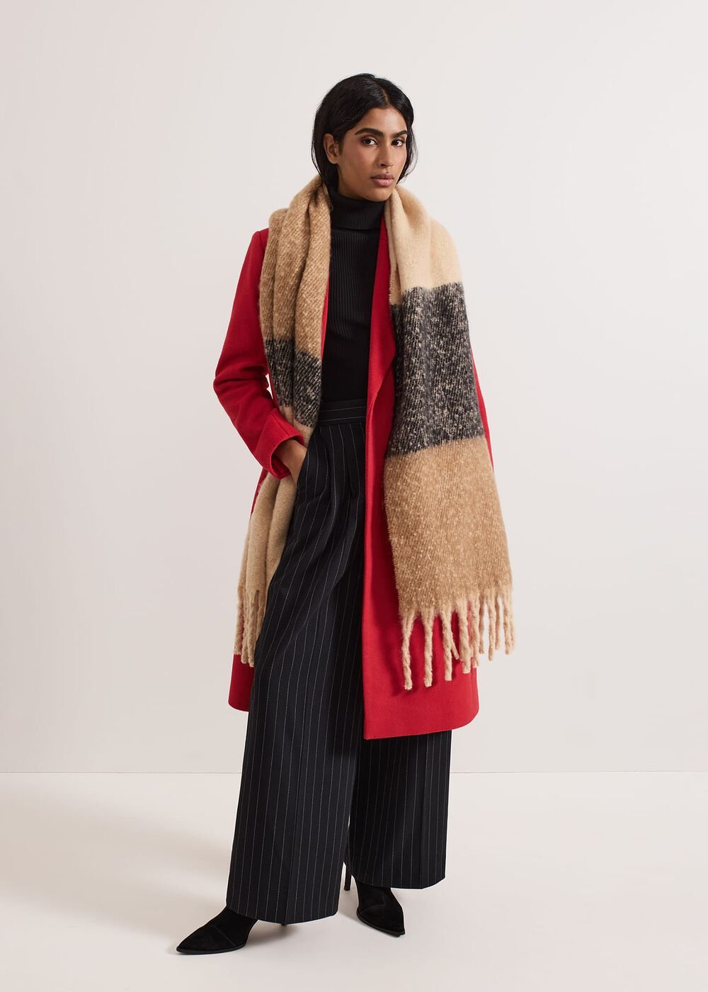 Oversized Stripe Brushed Scarf - Black/Multi