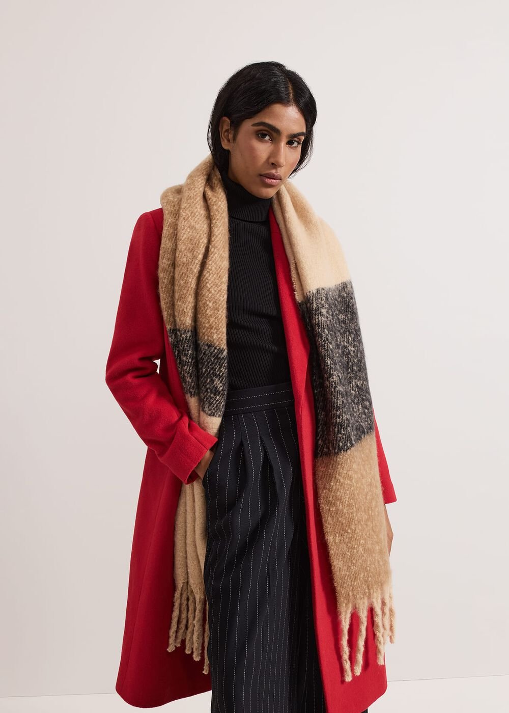 Oversized Stripe Brushed Scarf - Black/Multi
