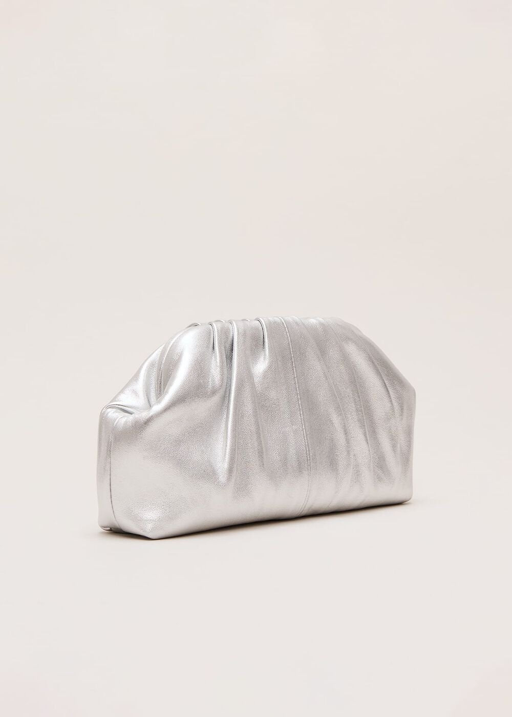 Silver Leather Pouch Clutch Bag - Silver