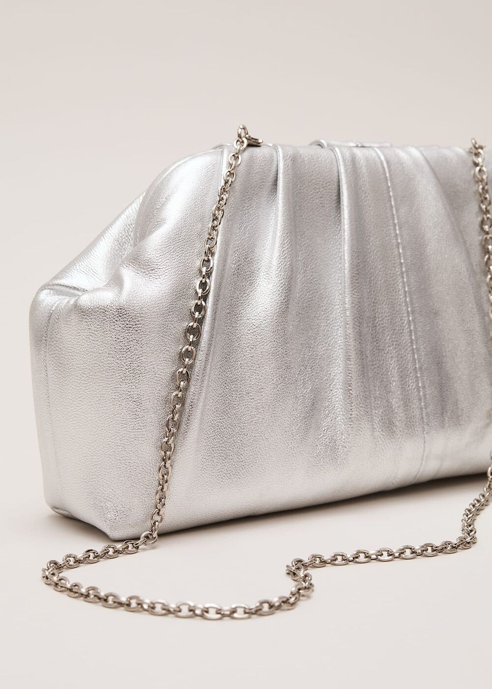 Silver Leather Pouch Clutch Bag - Silver