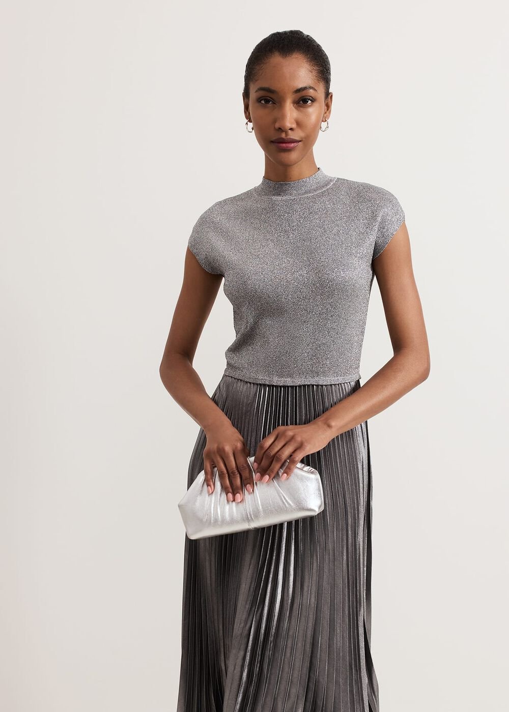 Silver Leather Pouch Clutch Bag - Silver