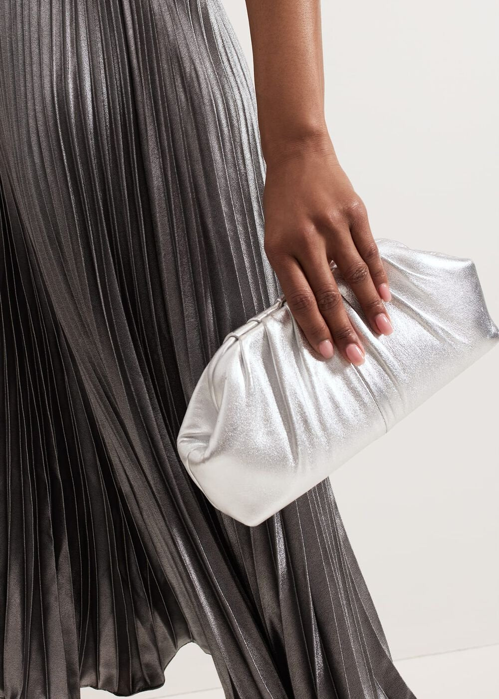 Silver Leather Pouch Clutch Bag - Silver