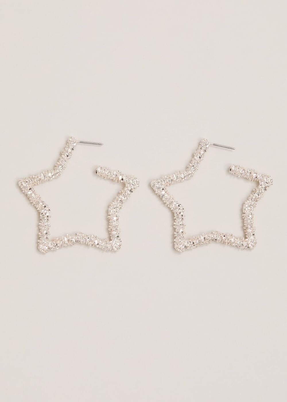 Silver Textured Large Star Hoop Earrings - Silver