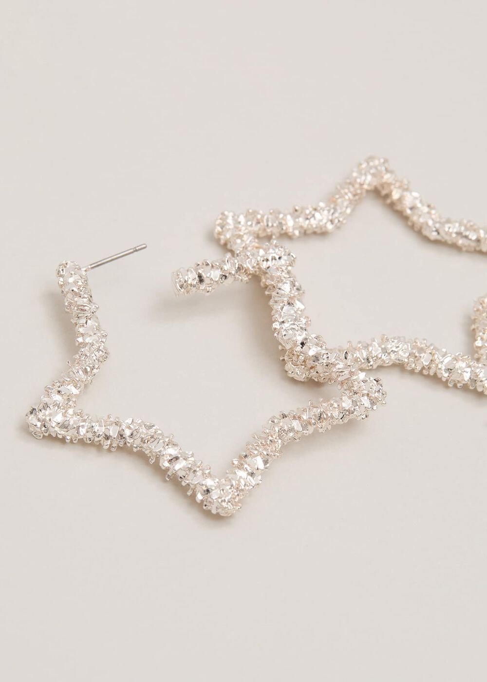 Silver Textured Large Star Hoop Earrings - Silver