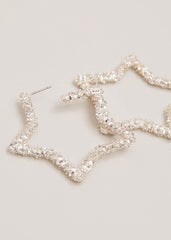Silver Textured Large Star Hoop Earrings - Silver