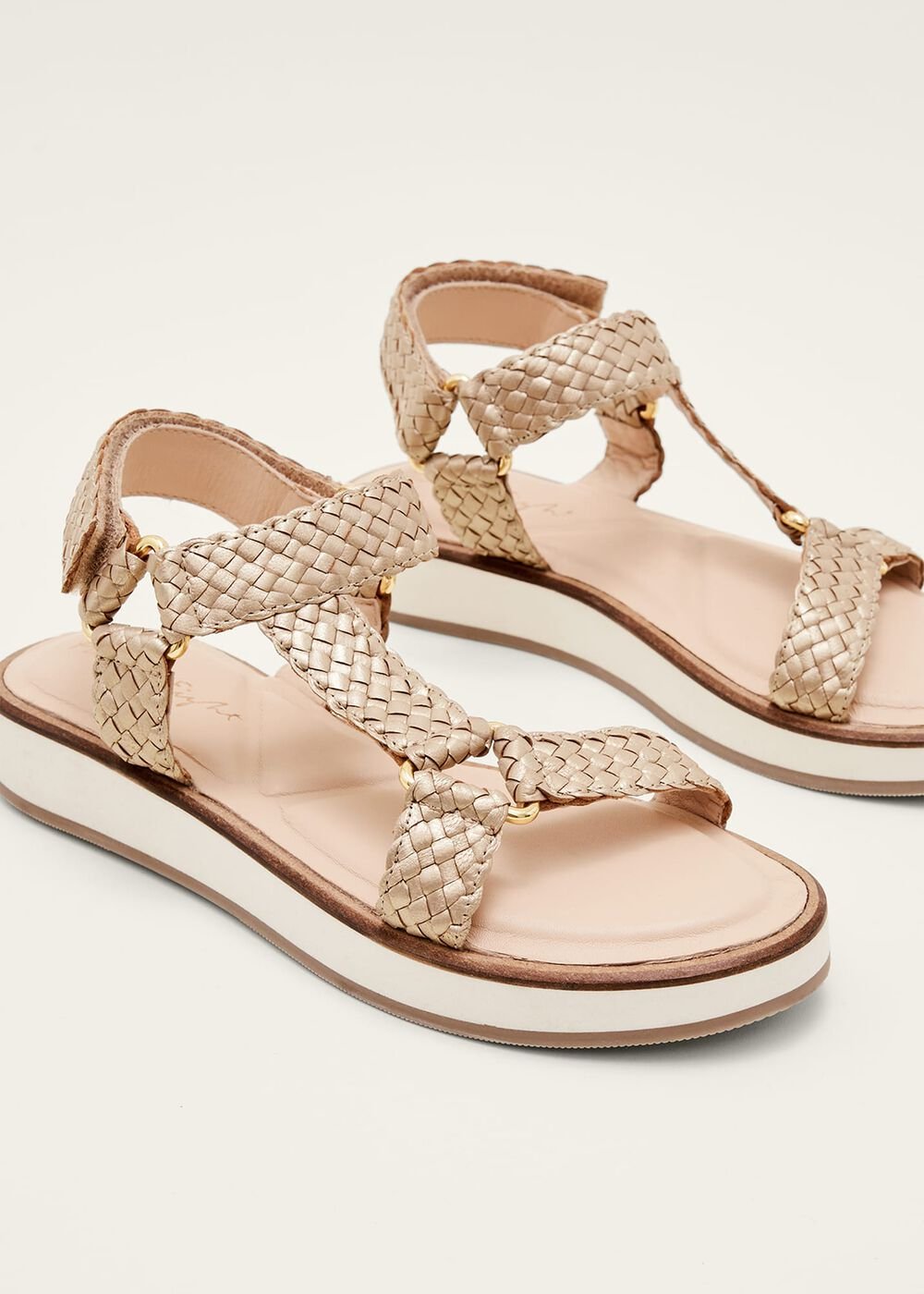 Leather Weave Velcro Sandal - Gold